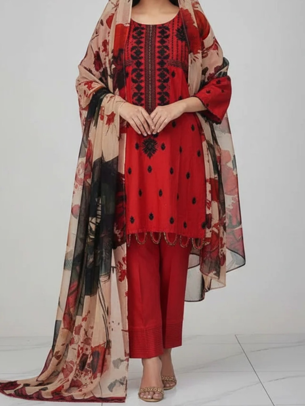 Women’s Red 3-Piece Cotton Farshi Shalwar Kameez Dupatta Set